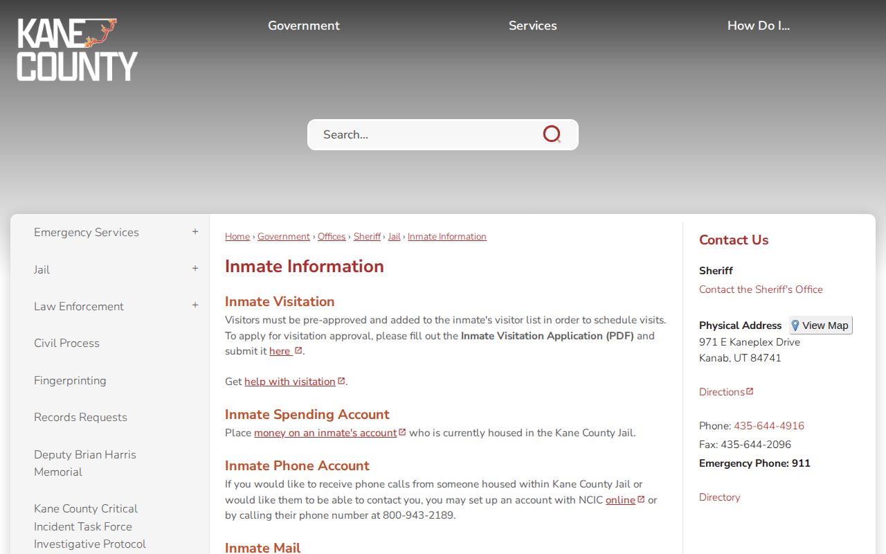 Kane County inmate information and booking contact page