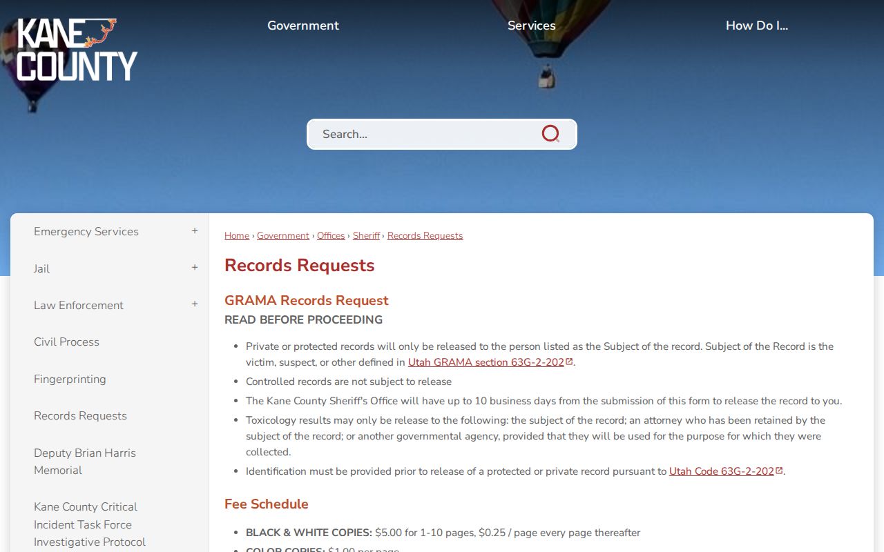 Kane County booking record request page