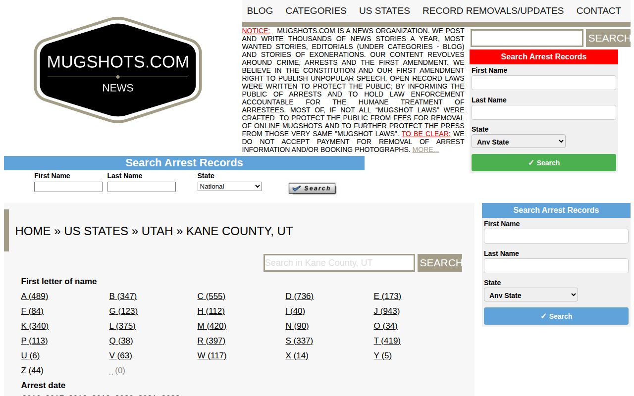 Kane County historical arrest-record search interface, not a Big Water booking roster